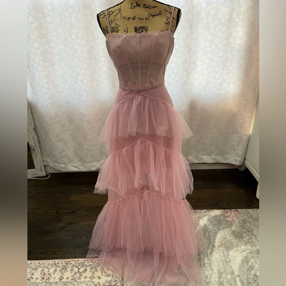 BCBG MAXAZRIA Sheer tiered ruffle gown